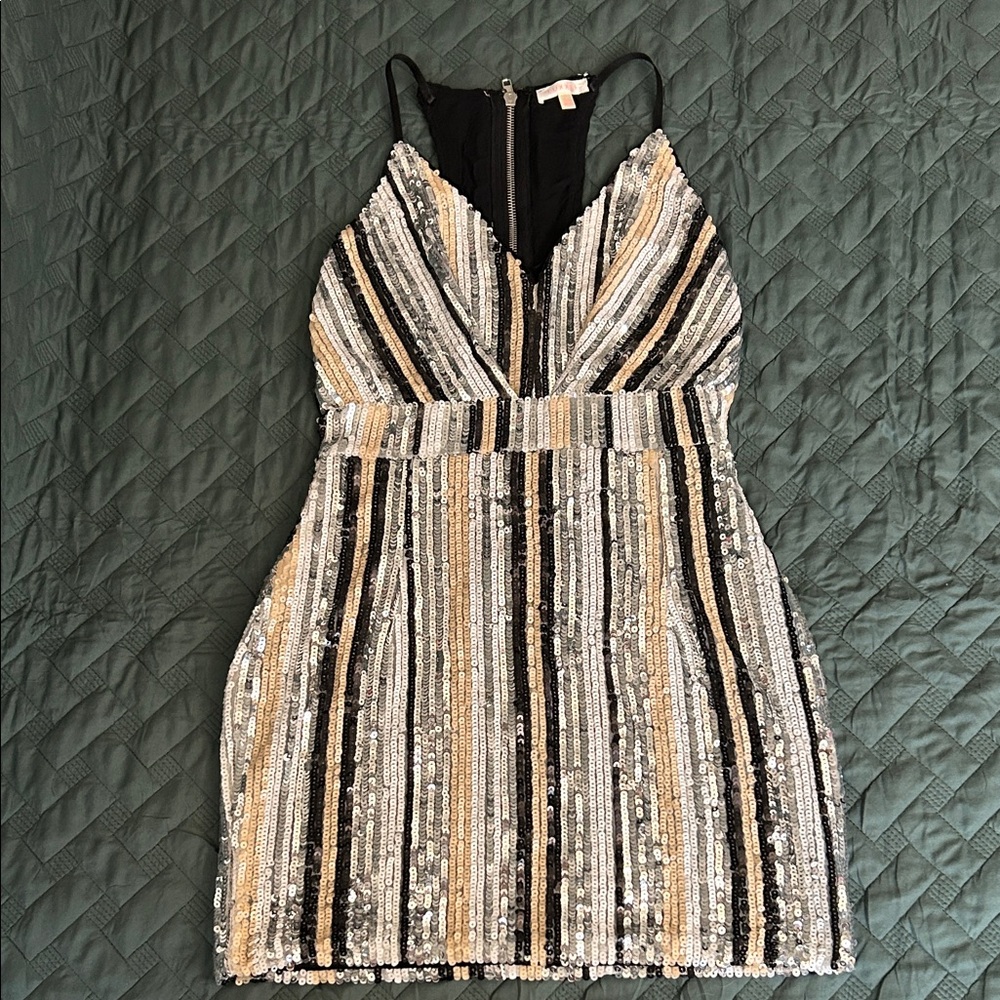 Luxxel Black, Gold, and Silver Sequin Mini Dress